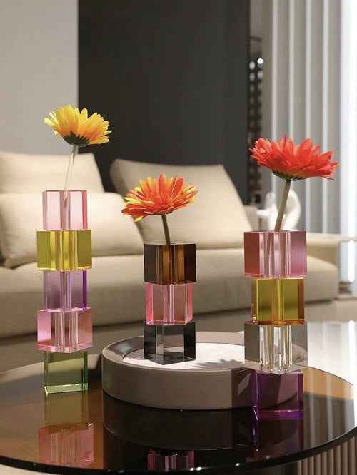 Modern Crystal Cube Bud Vase – Dopamine Rainbow Glass Table Centerpiece